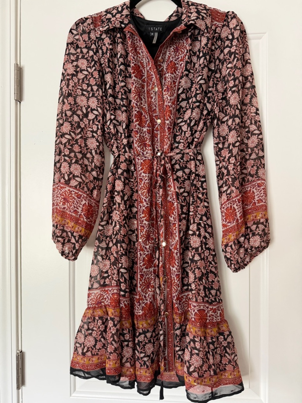 1. State metallic floral print boho mini dress